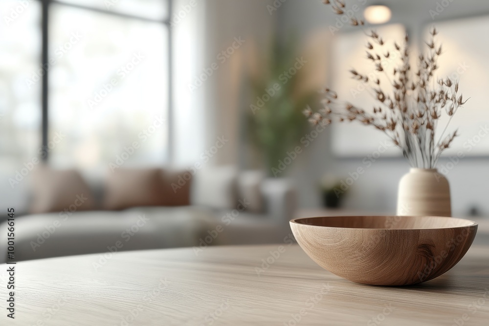 Fototapeta premium Wooden table in focus with blurred living room background for mockup