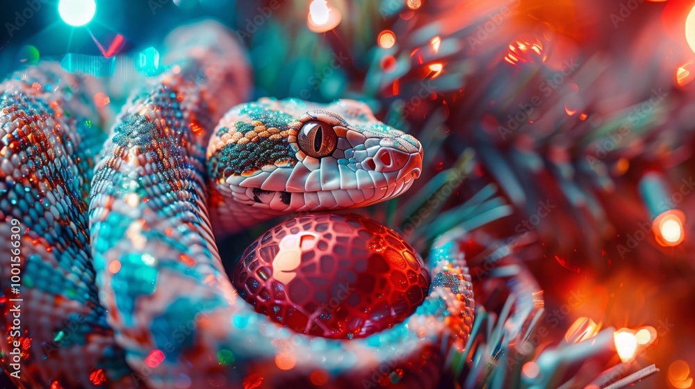 A snake is laying on a Christmas tree with a blue and purple ornament A snake is laying on a Christmas tree with a blue and purple ornament