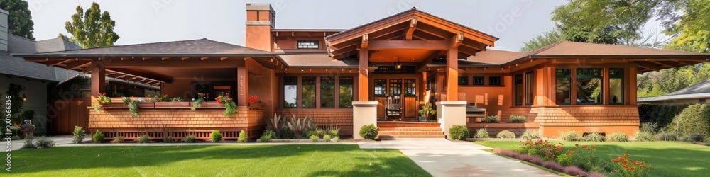Beautiful Craftsman residence featuring a soft orange facade, natural wood accents, and a lush green lawn. Beautiful Craftsman residence featuring a soft orange facade, natural wood accents, and a lush green lawn.