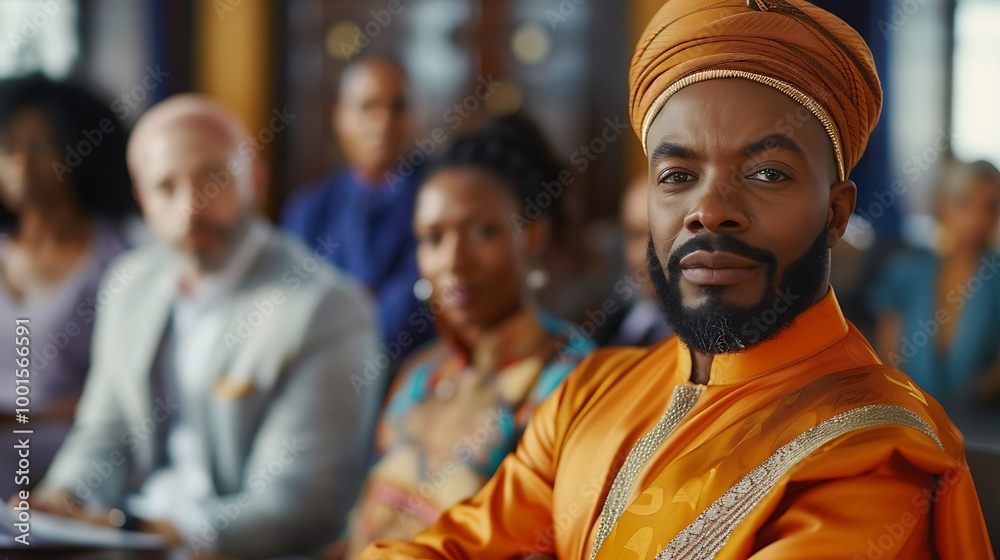 A poised man in an orange traditional outfit, surrounded by an attentive audience, exudes confidence and cultural pride in a formal setting. A poised man in an orange traditional outfit, surrounded by an attentive audience, exudes confidence and cultural pride in a formal setting.