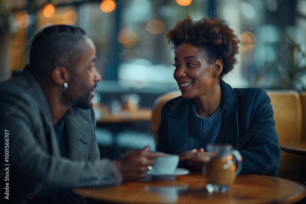 A cozy café scene featuring two people engaging in a cheerful conversation over drinks, exuding warmth and camaraderie. A cozy café scene featuring two people engaging in a cheerful conversation over drinks, exuding warmth and camaraderie.