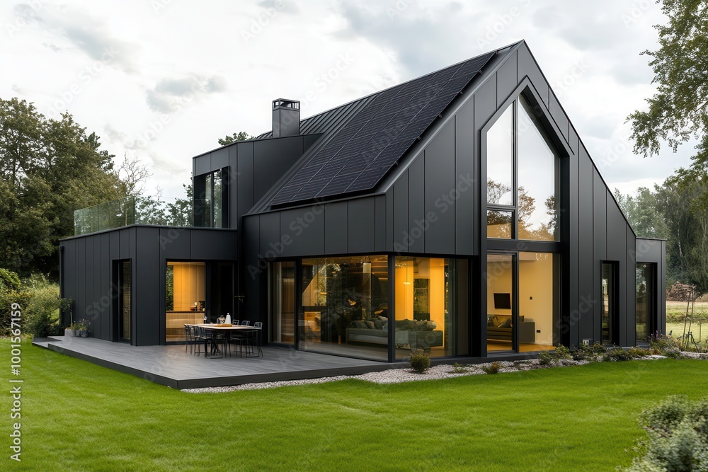 Modern black house with solar panels and large windows, eco-friendly design Modern black house with solar panels and large windows, eco-friendly design