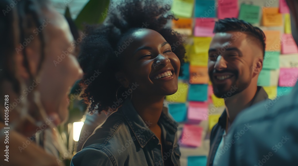 A lively group of friends laughs together in front of a colorful wall of sticky notes, capturing a moment of joy and collaboration. A lively group of friends laughs together in front of a colorful wall of sticky notes, capturing a moment of joy and collaboration.