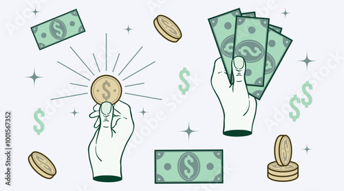 Cash payment illustration concept with hand holding banknotes and coins for payment. Hand gestures.