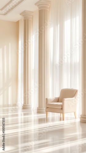 A chair is sitting in a room with tall pillars and white curtains