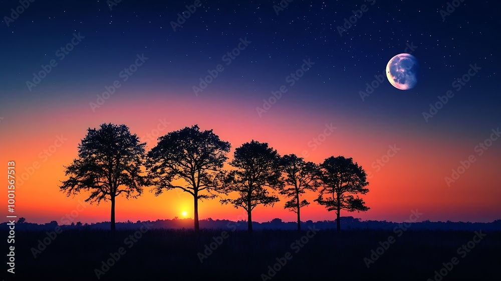 A serene landscape featuring the silhouette of trees against a dusk sky with the setting sun and a rising moon in the backdrop : Generative AI A serene landscape featuring the silhouette of trees against a dusk sky with the setting sun and a rising moon in the backdrop : Generative AI