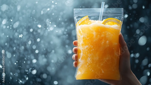 Spillproof drink pouch with frozen lemonade or orange slush in female hand Refreshing summer take away drink : Generative AI photo