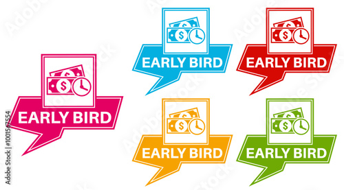 set banner early bird icon sign. early bird ticket symbol labels discount design vector illustration