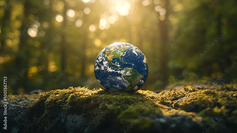 Earth Day Environment Green Globe In Forest With Moss And Defocused Abstract Sunlight : Generative AI Earth Day Environment Green Globe In Forest With Moss And Defocused Abstract Sunlight : Generative AI