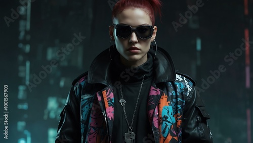 Cyberpunk rebel fashion concept with bold abstract prints.