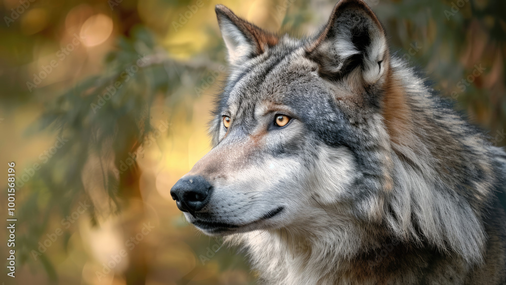 Grey wolf with intense yellow eyes in the forest Grey wolf with intense yellow eyes in the forest