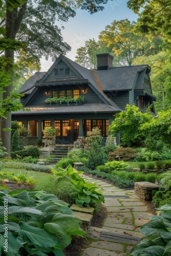 Beautiful craftsman house in slate gray, wide eaves, stone pathway, and lush greenery.