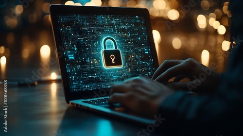 Cyber security network Data protection concept Businessman using laptop computer and digital tablet with padlock on network security technology with cloud computing data management cyb : Generative AI photo