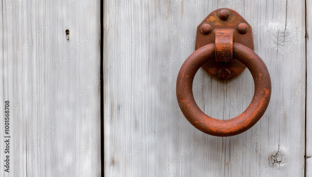 Rustic Metal Door Knocker On Aged Wooden Surface Rustic Metal Door Knocker On Aged Wooden Surface