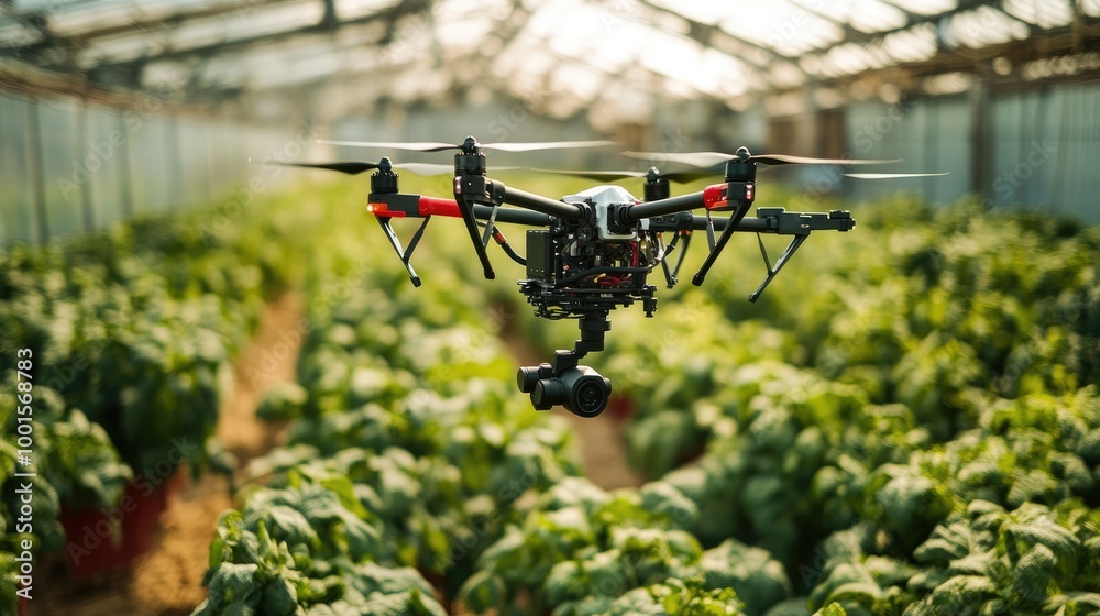 High-tech agricultural tech with a drone and robotic arm enhancing farm efficiency