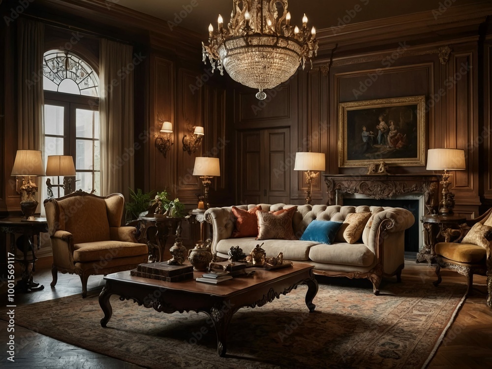 a photorealistic image of an antique-style living room with a warm color palette, showcasing a large wooden coffee table, a grand fireplace adorned with ornate mantelpieces, and soft lighting a photorealistic image of an antique-style living room with a warm color palette, showcasing a large wooden coffee table, a grand fireplace adorned with ornate mantelpieces, and soft lighting