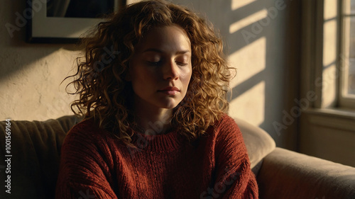 Natural Curly-Haired Woman Relaxing on a Couch in a Sunlit Room with Warm and Inviting Atmosphere photo