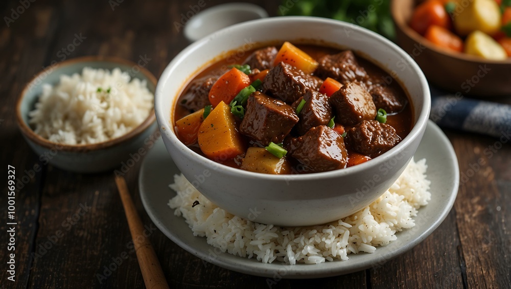 Delicious beef stew served with rice and vegetables. Delicious beef stew served with rice and vegetables.