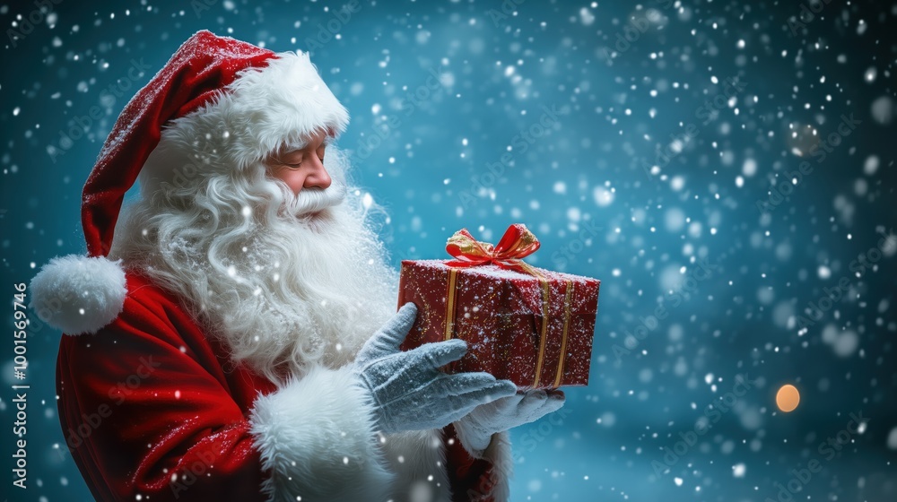 Santa claus with christmas presents in his hands before a frozen blue colored background with snow fall, big editable space Santa claus with christmas presents in his hands before a frozen blue colored background with snow fall, big editable space