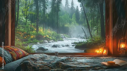 Cozy cabin bedroom with a view of a misty forest river and candles.