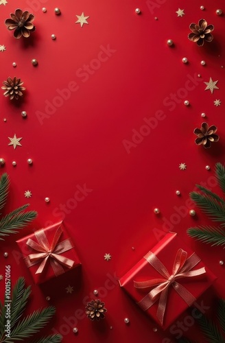Let the gift-hunting commence: make holiday memories today. Top view shot of elegant gift boxes, holiday decor, cones, sparkles on red background with marketing space