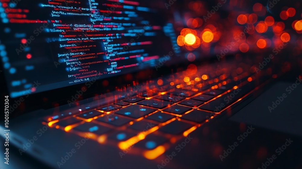 close up computer engineering writing programming code in database on laptop keyboard to protect and blocking spam email from internet and hacker for smart technology concept : Generative AI close up computer engineering writing programming code in database on laptop keyboard to protect and blocking spam email from internet and hacker for smart technology concept : Generative AI