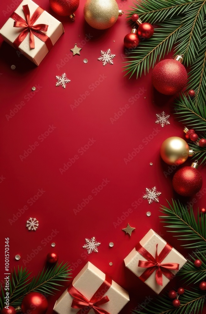 Holiday Ornament Arrangement: Top view of artisanal gift boxes, chic tree embellishments, red and gold balls, glimmering star, snowflakes, mistletoe berries on red surface, ready for your festive text Holiday Ornament Arrangement: Top view of artisanal gift boxes, chic tree embellishments, red and gold balls, glimmering star, snowflakes, mistletoe berries on red surface, ready for your festive text