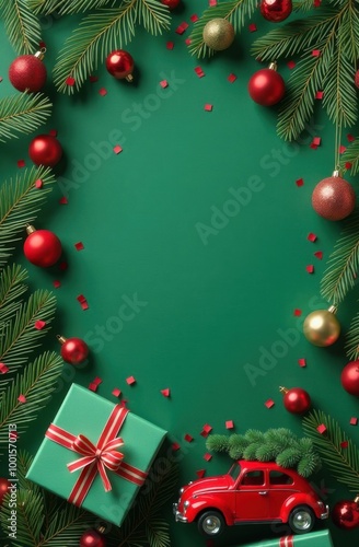 Season's greetings scene. Top-view of boxes tied with bows, Christmas decorations, balls, rustic star, holly berries, frosty spruce branches, confetti on green backdrop, perfect for messages or promo