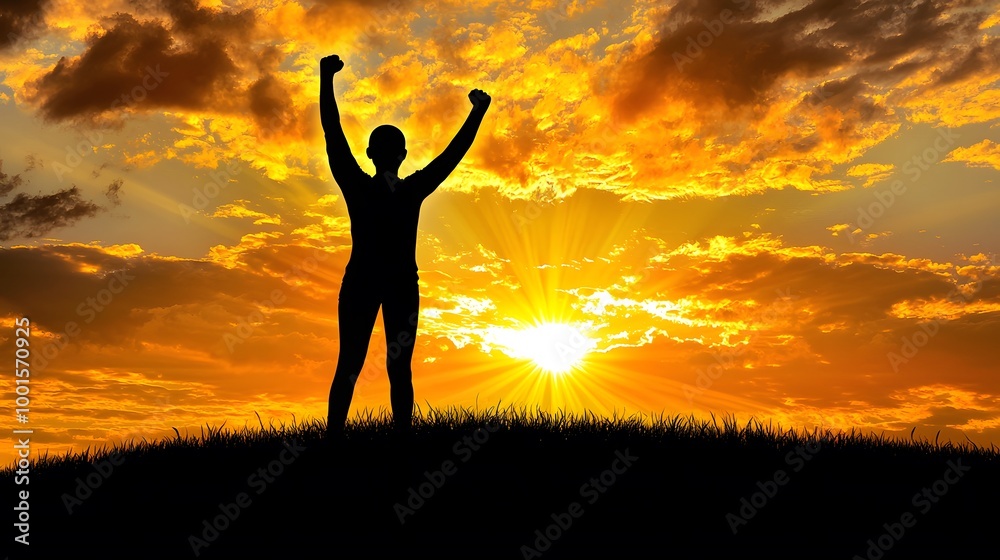 Silhouette of Activist: A profile silhouette of a person standing on a hill, raising their fist in the air. The sun sets behind them, casting a golden glow on their determined expression. Silhouette of Activist: A profile silhouette of a person standing on a hill, raising their fist in the air. The sun sets behind them, casting a golden glow on their determined expression.