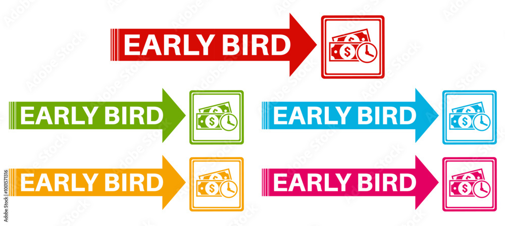Set Stylish early bird icon labels. early buy symbol Special discount sign sticker social media promotion design vector illustration Set Stylish early bird icon labels. early buy symbol Special discount sign sticker social media promotion design vector illustration