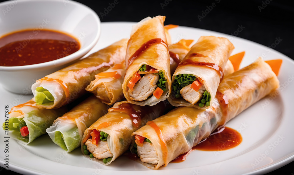 A plate of spring rolls, filled with chicken, lettuce, and vegetables, is ready to be served with a side of sweet and sour sauce A plate of spring rolls, filled with chicken, lettuce, and vegetables, is ready to be served with a side of sweet and sour sauce
