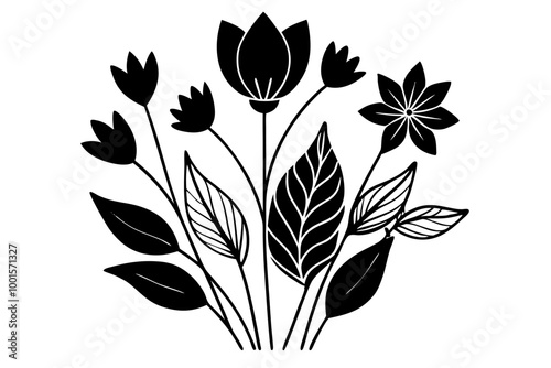 Simple elegant line drawings of plants with silhouette illustration