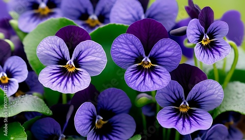 Close-up of delicate purple and yellow pansies in bloom