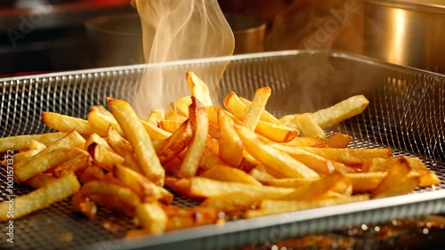 Delight in the sight of freshly cooked golden fries, steaming hot and ready to enjoy, all bursting with flavor