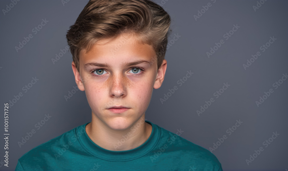 A young boy with short brown hair stares intensely into the camera, a serious expression on his face A young boy with short brown hair stares intensely into the camera, a serious expression on his face
