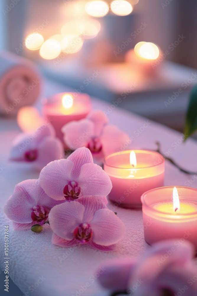 Relaxing spa atmosphere with flowers and candles on a blurred background Relaxing spa atmosphere with flowers and candles on a blurred background