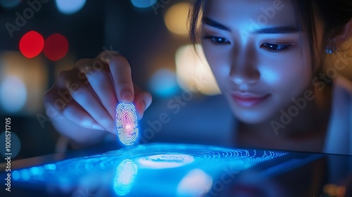 Biometrics security system Woman using fingerprint identification to access personal financial data on mobile phone mobile banking app biometrics cyber security technology against digi : Generative AI photo