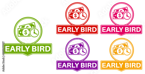 Set collections early bird trendy colorful icon sign. cheaper labels discount banner design template Vector illustration