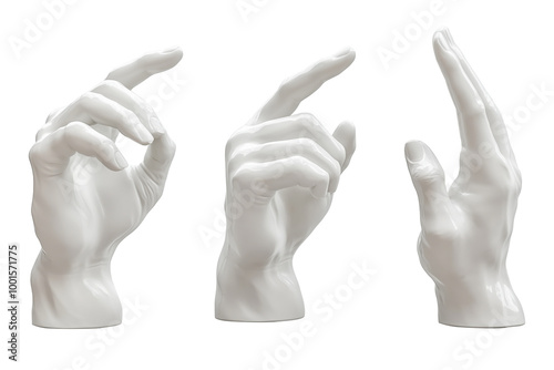 3d sculpture of hands. Set of hands with different gestures. Three-dimensional human arms made of white glossy material. Collection of isolates for collage. Objects on transparent background. photo