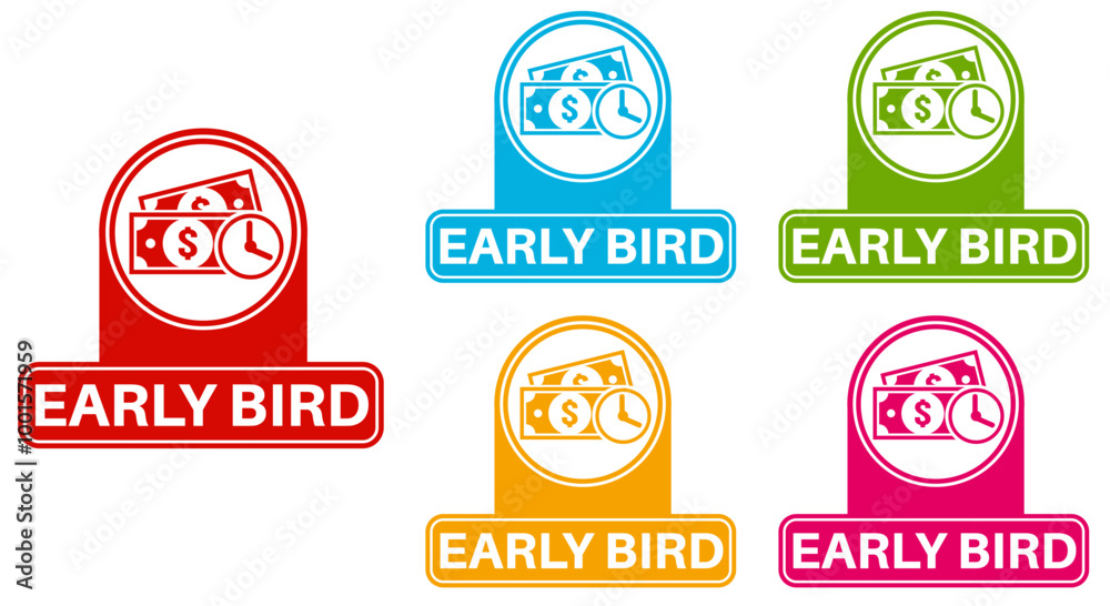 Obraz premium Set collections early bird trendy colorful icon sign. cheaper labels discount banner design template Vector illustration