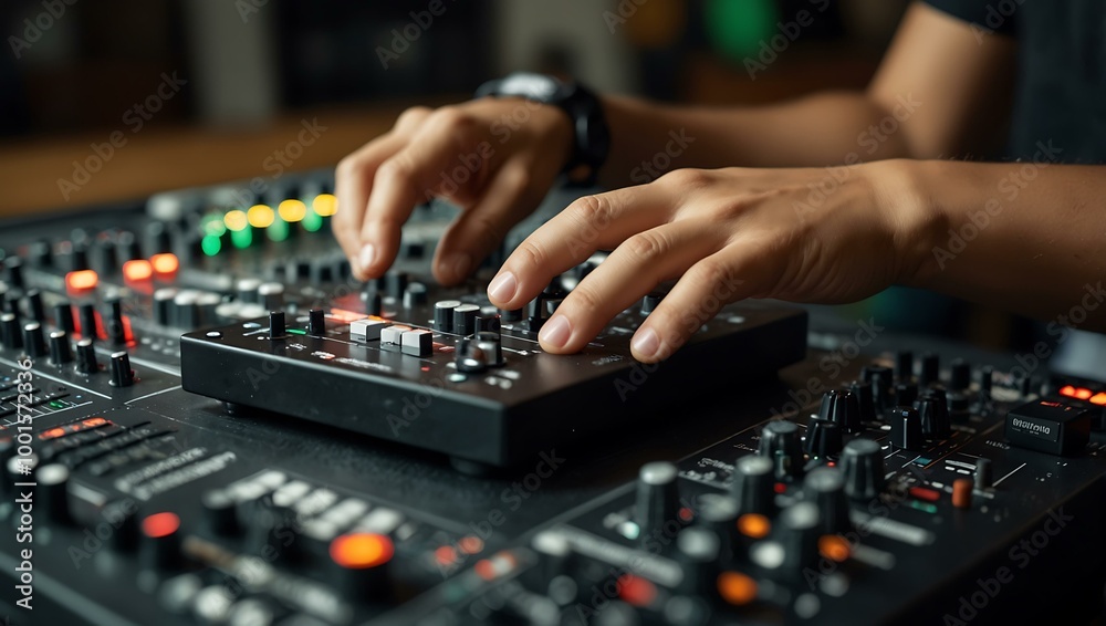 DJ mixing music, hands on a console. DJ mixing music, hands on a console.