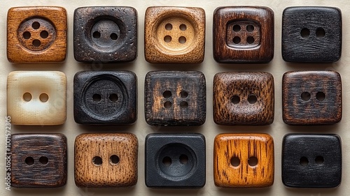 Collection of Square and Round Wooden Buttons in Various Colors