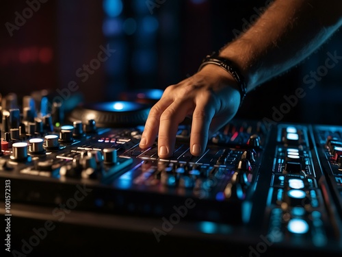 DJ hands mixing music on a console in a nightclub.