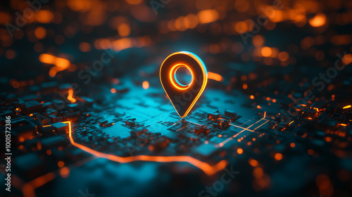 A glowing digital location pin on a futuristic map, symbolizing GPS navigation, location tracking, and modern technology in a high-tech urban setting.
