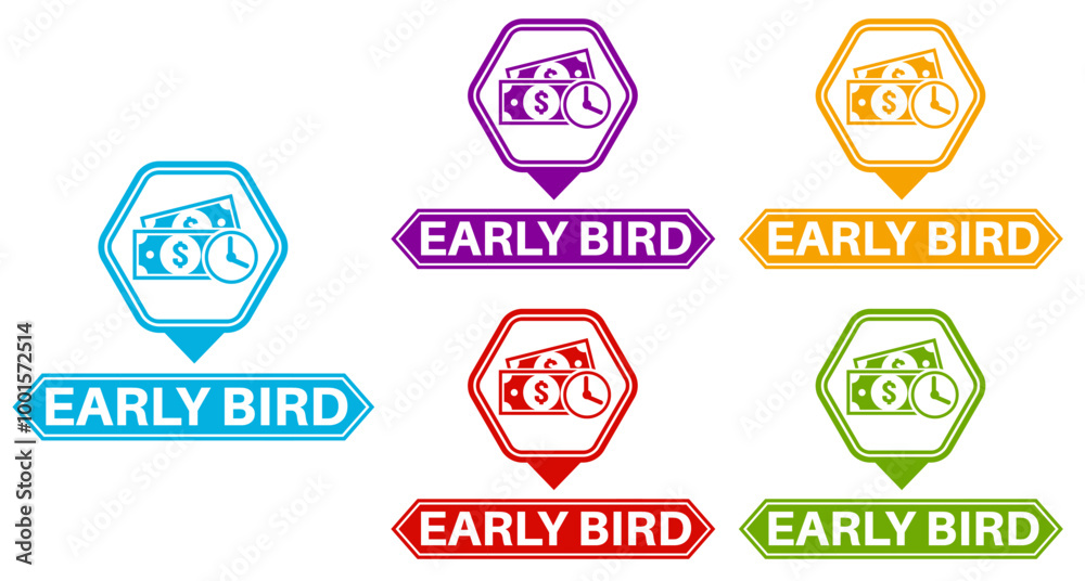 Set collections early bird trendy colorful icon sign. cheaper labels discount banner design template Vector illustration Set collections early bird trendy colorful icon sign. cheaper labels discount banner design template Vector illustration