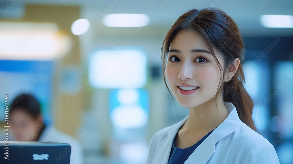 Asian woman comes to reception desk in clinic lobby area and makes appointment with doctor Female administrator talks with patient at information counter Medical staff work in medical : Generative AI Asian woman comes to reception desk in clinic lobby area and makes appointment with doctor Female administrator talks with patient at information counter Medical staff work in medical : Generative AI