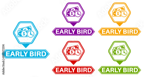 Set collections early bird trendy colorful icon sign. cheaper labels discount banner design template Vector illustration