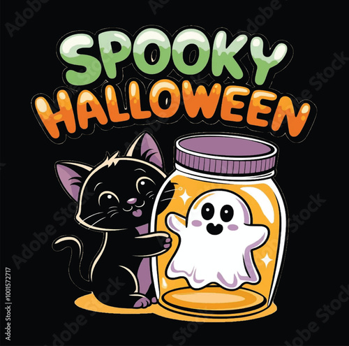 Cute Black Kitten & Ghost in Jar T-Shirt Design – Fun Halloween Theme