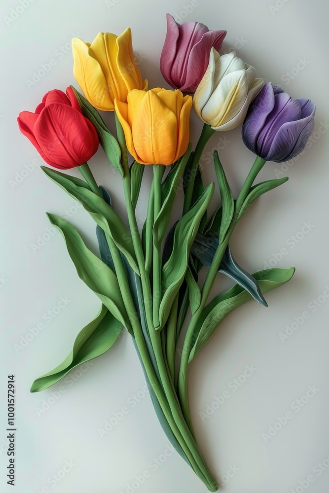 A bouquet of bright colored tulips sitting on a table, perfect for decoration or gift giving A bouquet of bright colored tulips sitting on a table, perfect for decoration or gift giving