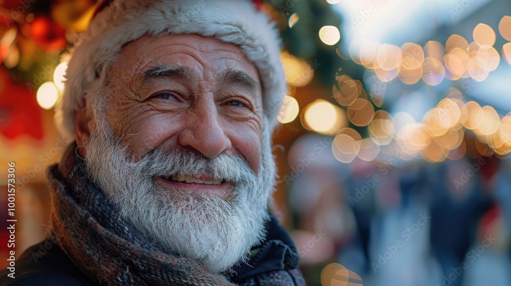 A man wearing a Santa hat and a long white beard, perfect for holiday scenes or festive advertising A man wearing a Santa hat and a long white beard, perfect for holiday scenes or festive advertising